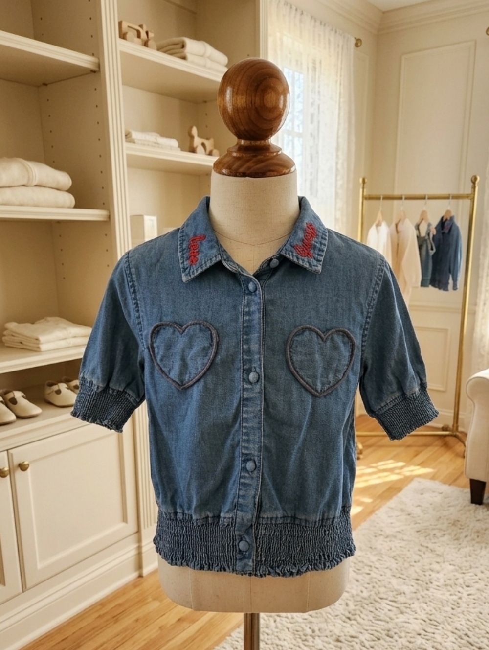 Guess Heart Pocket Denim Button-Up Top, Gathered Waist, Size 4